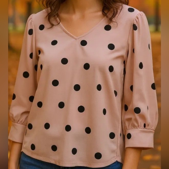 Adrianna Papell - NWT, Pink Blouse W/ Black Poke dots, 3/4 Puff Sleeves, V-Neck, - Picture 4 of 12